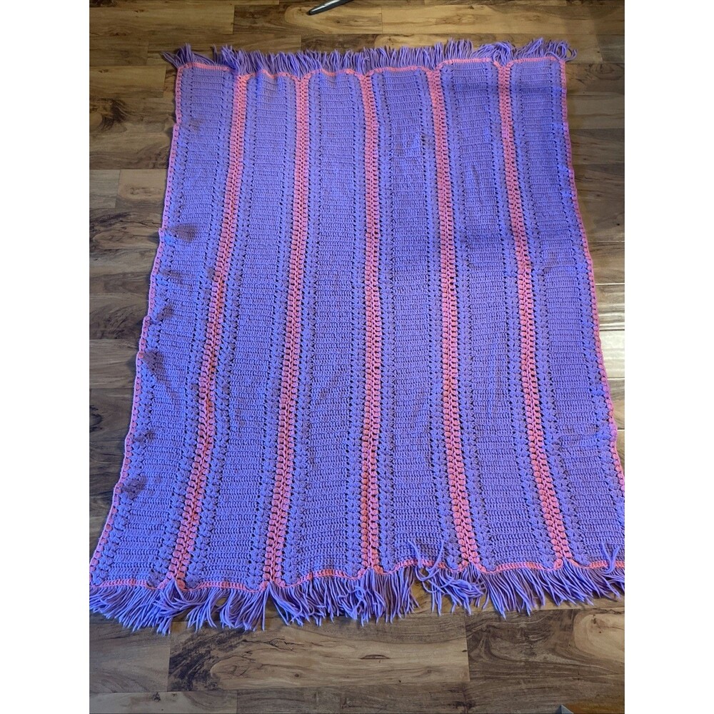 Vintage Granny crocheted Purple Pink Afghan Fringed Blanket Cottagecore 64”x50”